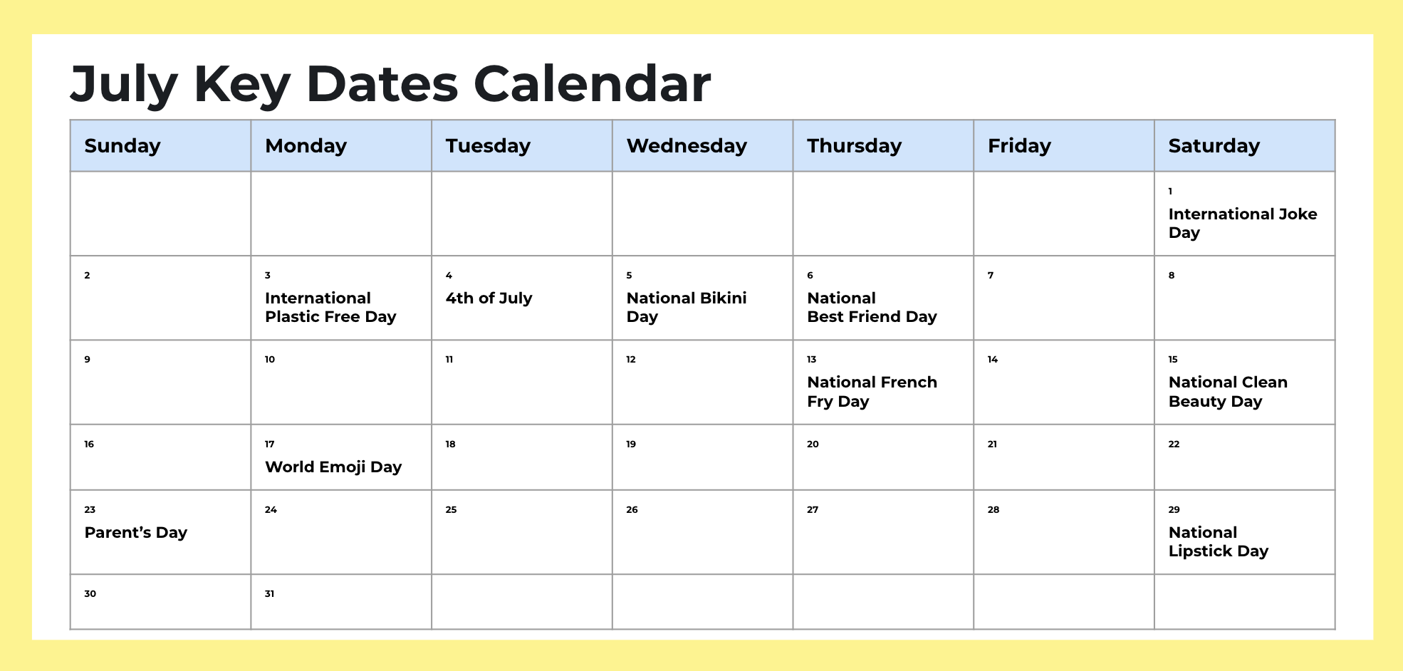Image of July marketing calendar.