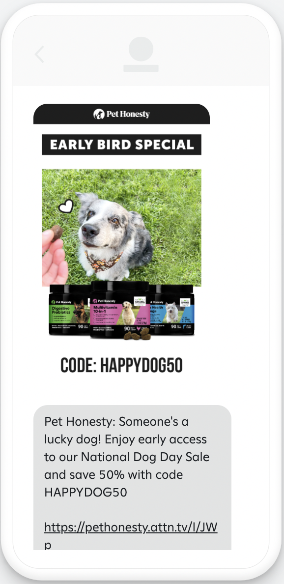 Example dog day message with image and offer.