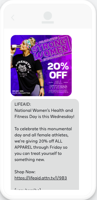 Women's health and fitness day campaign message with image and offer.