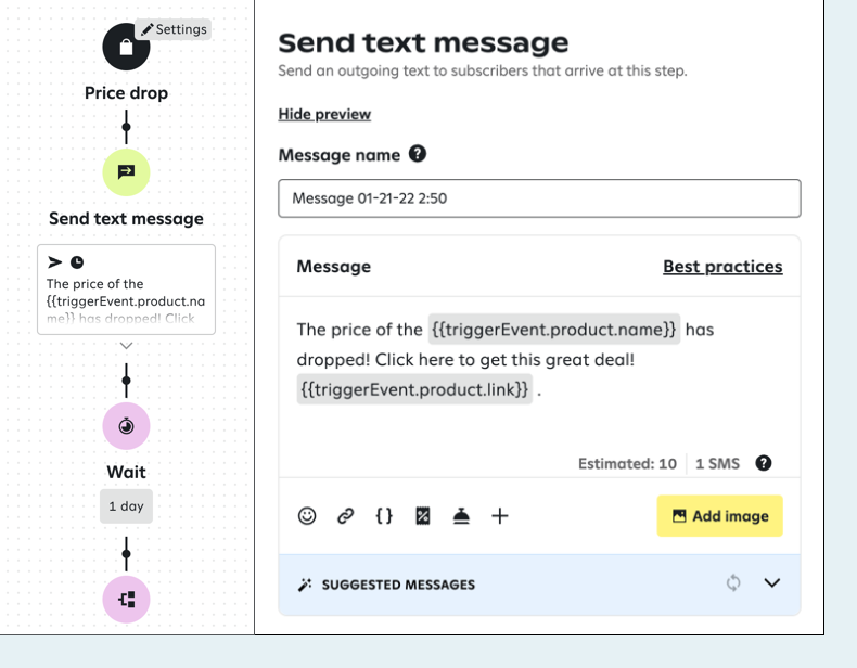 Price drop journey settings with options to select subscriber actions and timeframes.