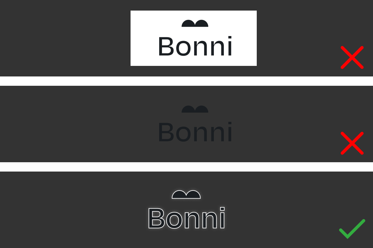 Examples of logos with and without borders that match the background color in light mode.