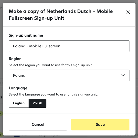 Copying a sign-up unit for use in another region.