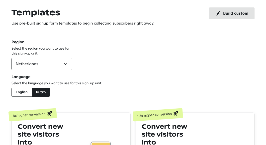 Sign-up units template page with region and language filters.