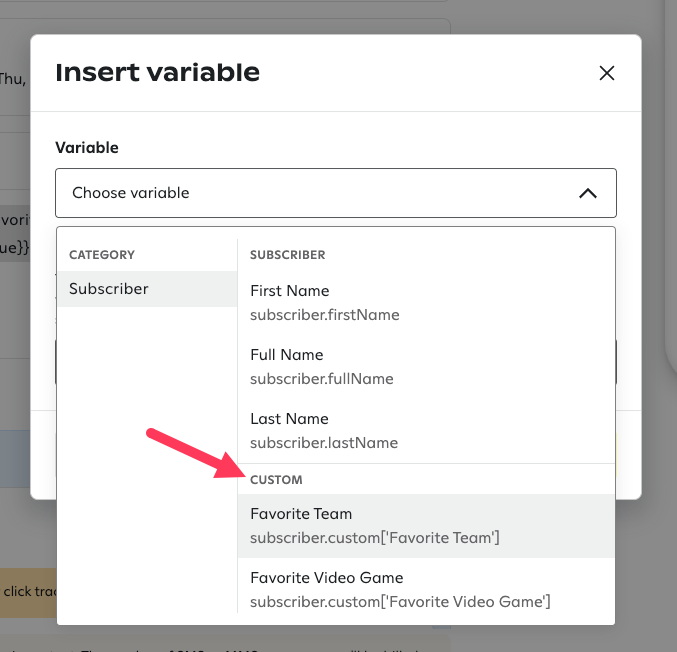 Selecting a custom attribute to use as a dynamic variable in the Insert variable popup window.
