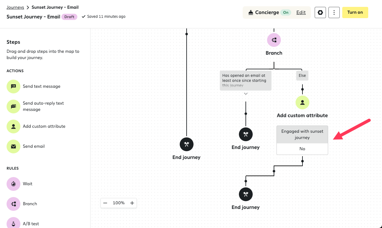 Add custom attribute step in a sunset journey configured to apply the value ‘no’ to a custom attribute named ‘Engaged with sunset journey’ when a subscriber went through the journey but still didn’t open any emails or click email links.