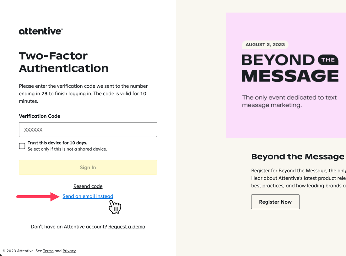 Alt text: Option to receive an email with a verification code on the login page.