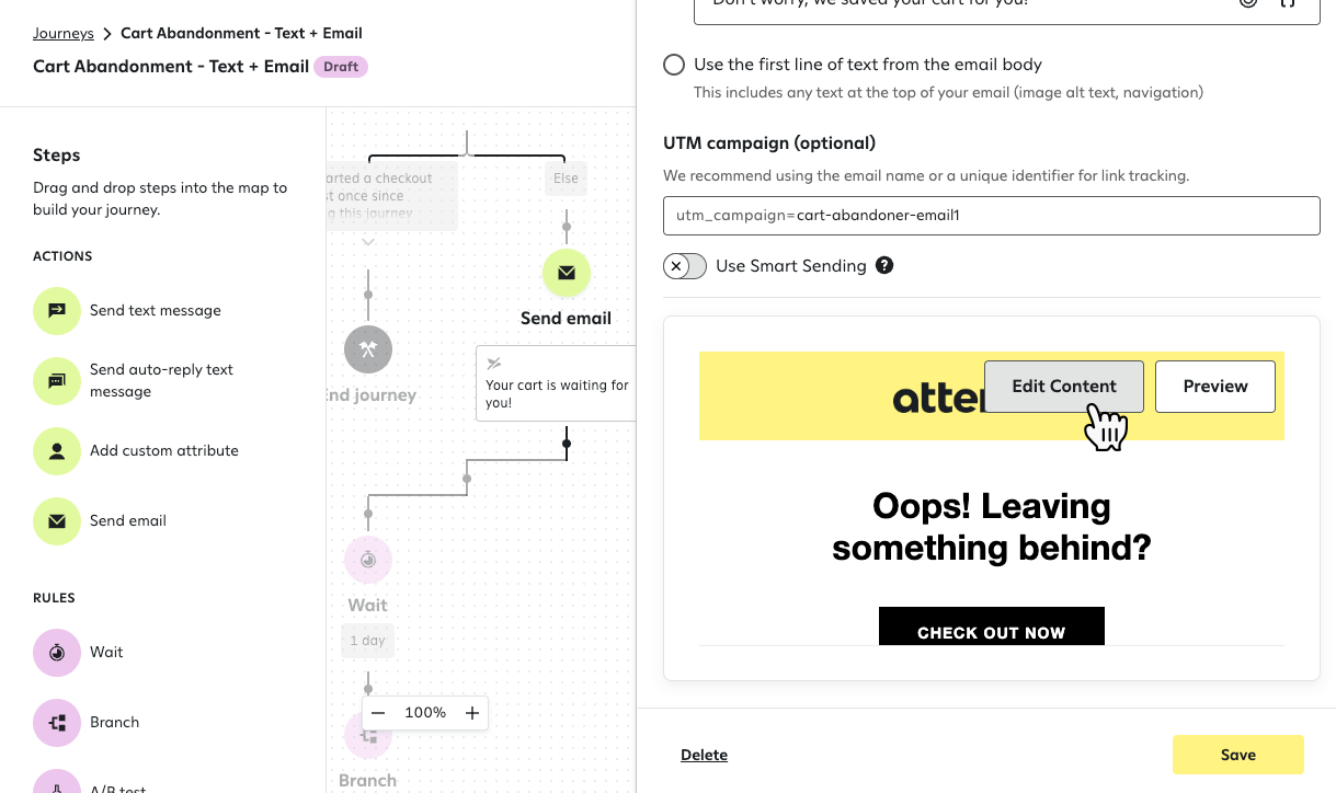 Clicking the Edit Content button in a journey email message step