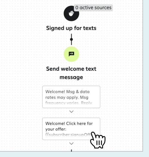 Clicking the Send welcome text message step in a welcome journey in the Attentive journey builder.