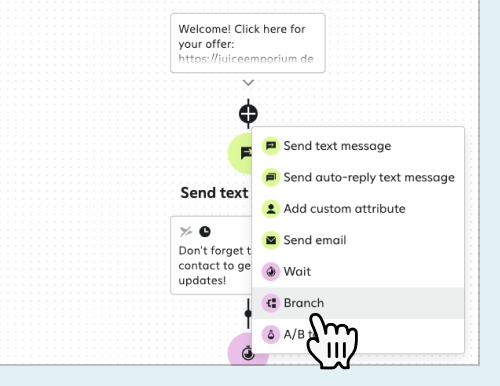 Adding a branch below the first send text message step in a welcome journey.