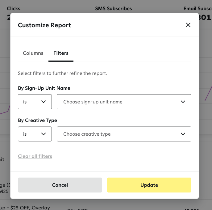 The Filters Tab in the Customize Reports popup.