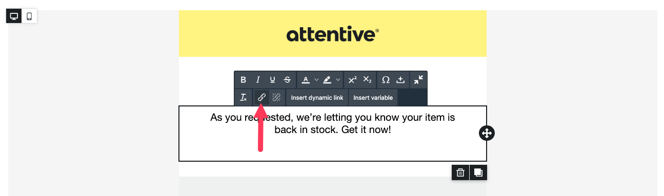 The button to add a link to a row in an email message.