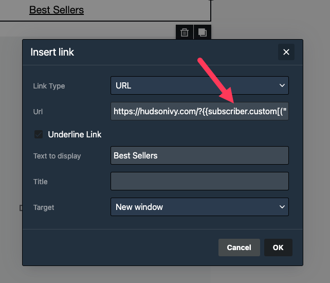 The Insert link popup in the email editor with a URL that contains an Attentive variable.