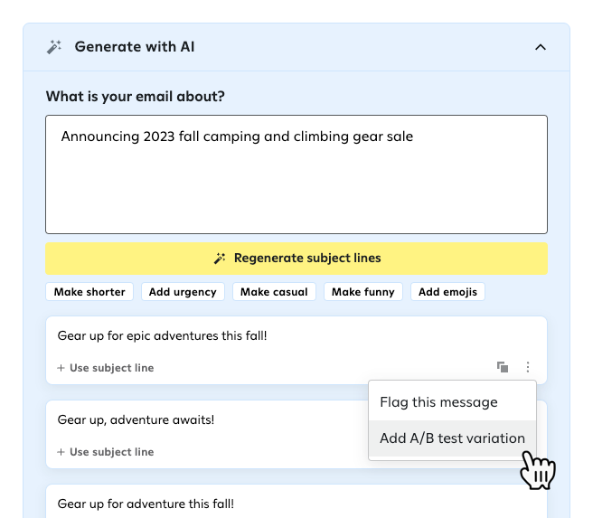 Clicking the three dots for an AI-generated subject line to add an A/B test variation using that subject line.