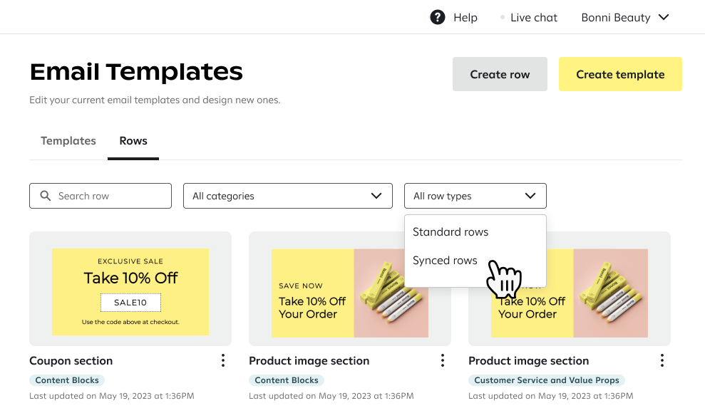 Using the dropdown in the Rows tab on the Email Templates page to select all row types, standard rows, or synced rows.