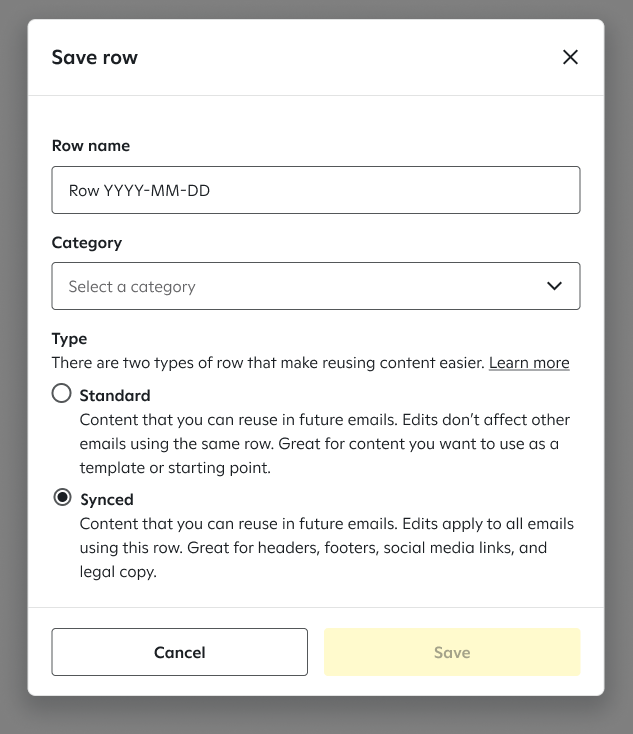 The Save row pop-up with options to enter a row name, select a category, and choose whether to save as a standard or synced row.