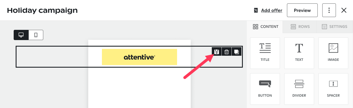 The save icon in the upper-right corner of a row in the email editor.