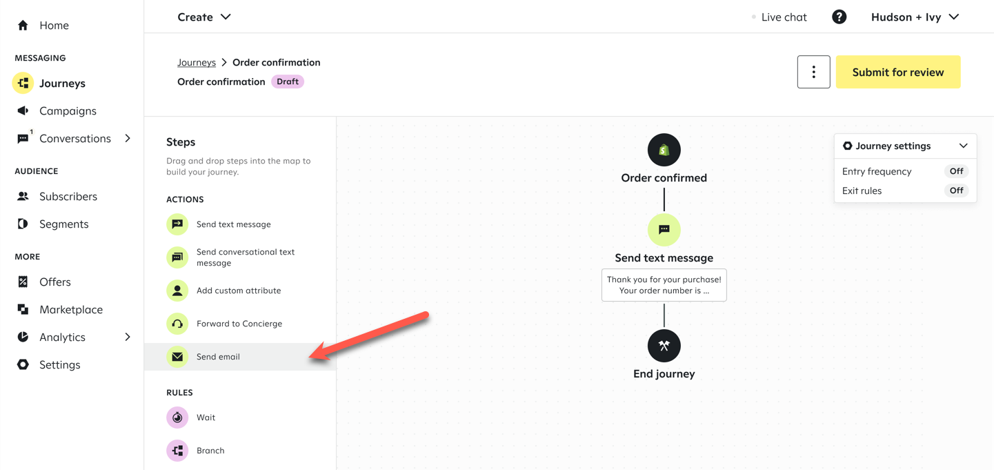 Adding a send email step to a journey.