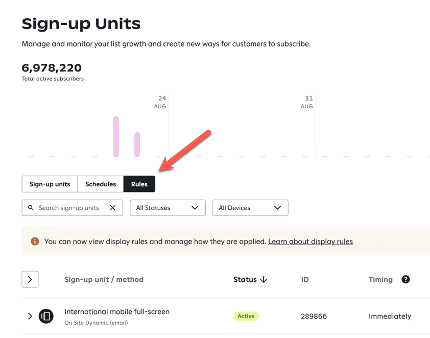 Clicking the Rules tab on the Sign-up units page.