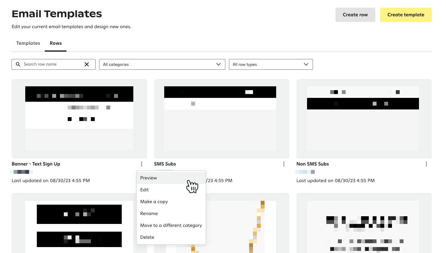 Clicking the three dots next to a row's name to view options for previewing, editing, copying, and renaming a row or moving the row to a different category.