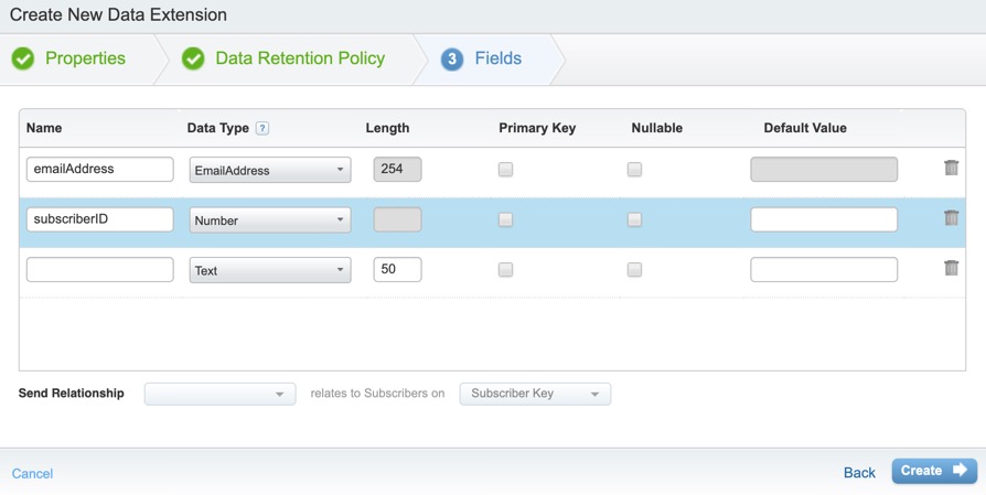 New data extension with email address and subscriber ID fields.