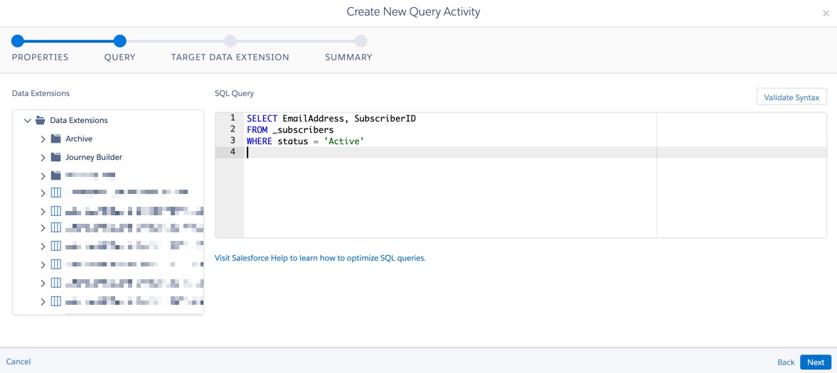 SQL query added to new query activity.