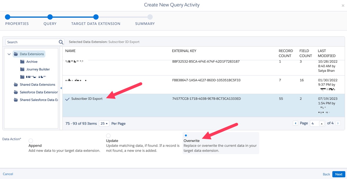 Selecting Subscriber ID Export and the Overwrite option.