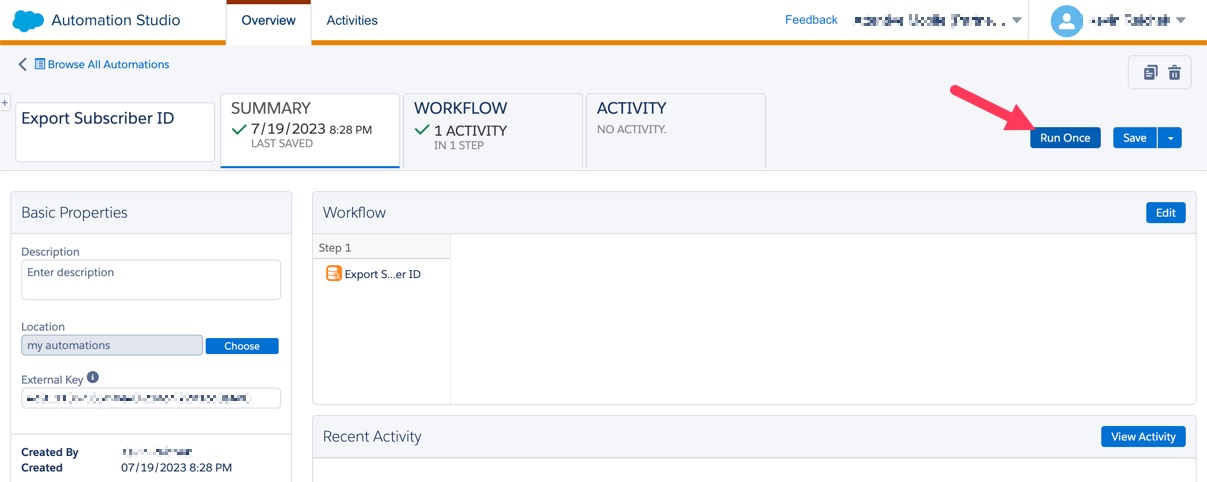 The Run Once button for the Export Subscriber ID automation.