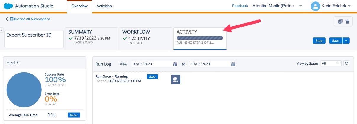The Export Subscriber ID automation running in the Activity tab.