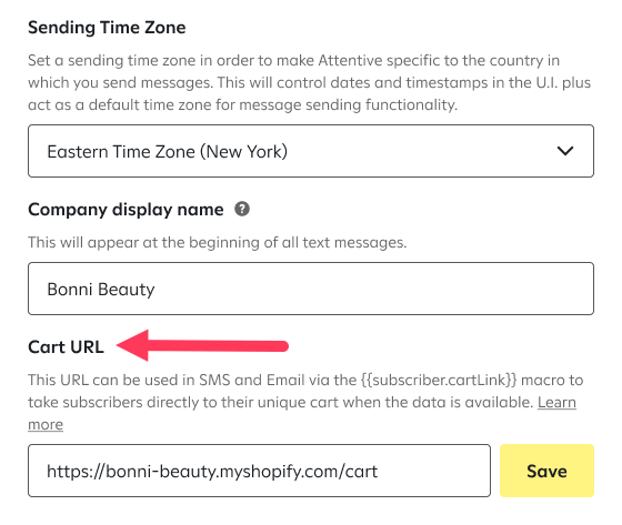 The Cart URL field on the Company page under Settings.