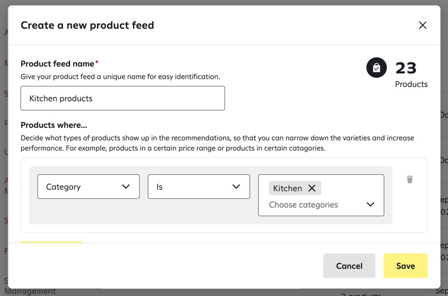 Selecting a category and creating rules in the ‘Create a new product feed’ window.