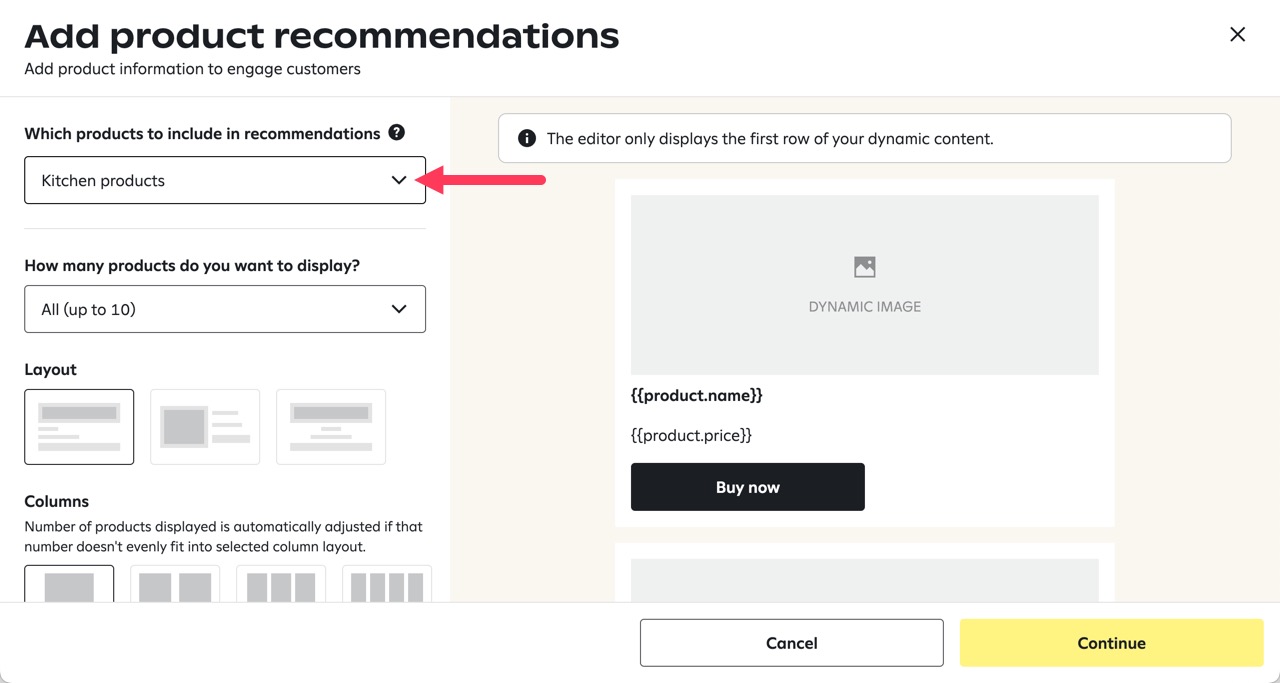 Clicking the dropdown in the ‘Add recommended products’ window to select or create a new product feed