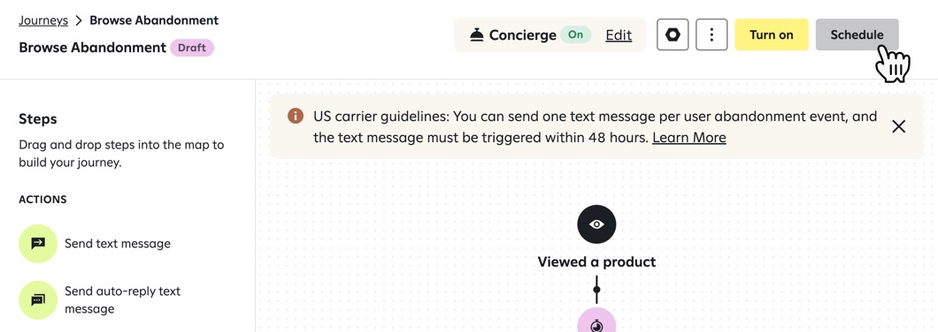 The Schedule button in the upper-right corner of the journey builder.