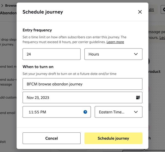 The Schedule journey popup window.