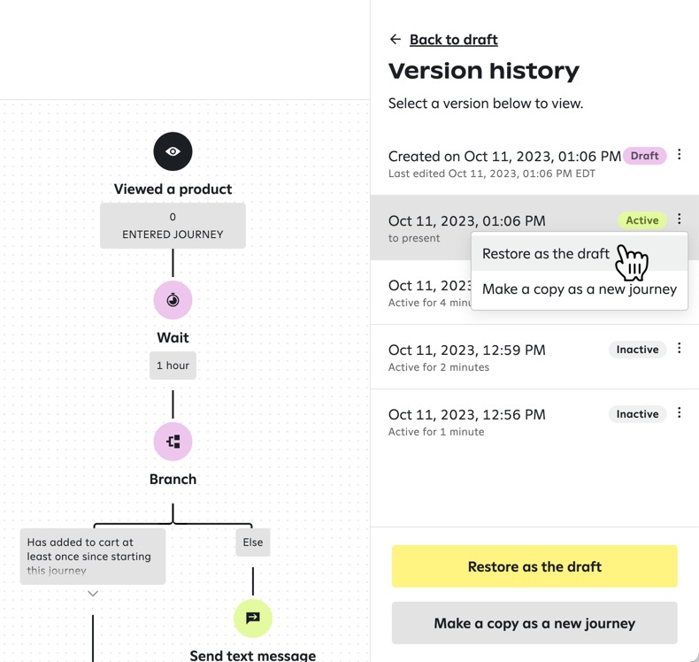 Restoring a previous journey version as the current draft in journey version history.