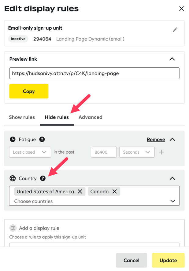 The Country panel in the Display Rules panel with rules to hide the sign-up unit in the United States and Canada.