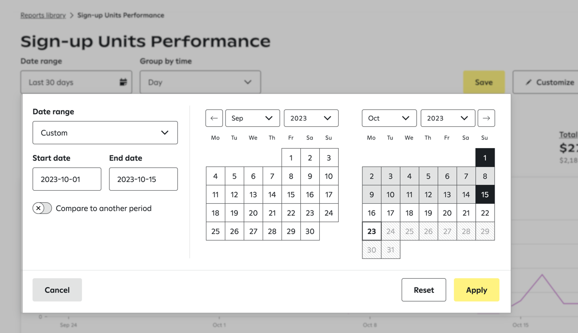 Date picker for Sign-up Units Performance report with options to pick a start date and end date, compare to another period, and view calendars of September and October 2023.