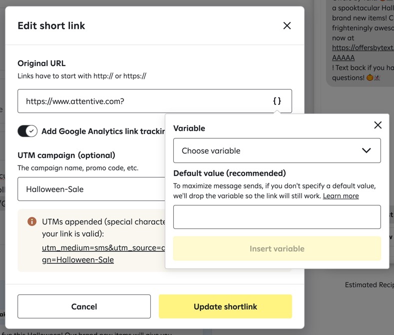 Adding a variable with a default value to the original URL of a shortlink.