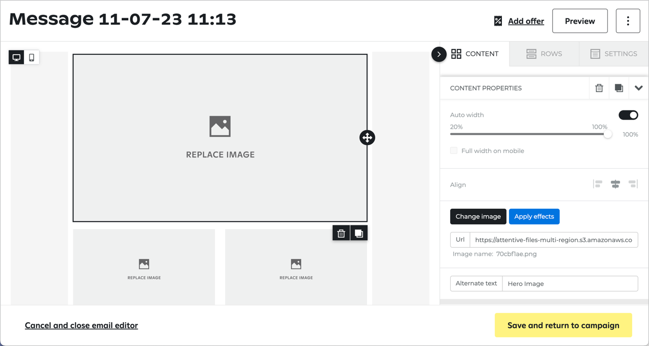 The image in the top row of an email selected in the email editor.