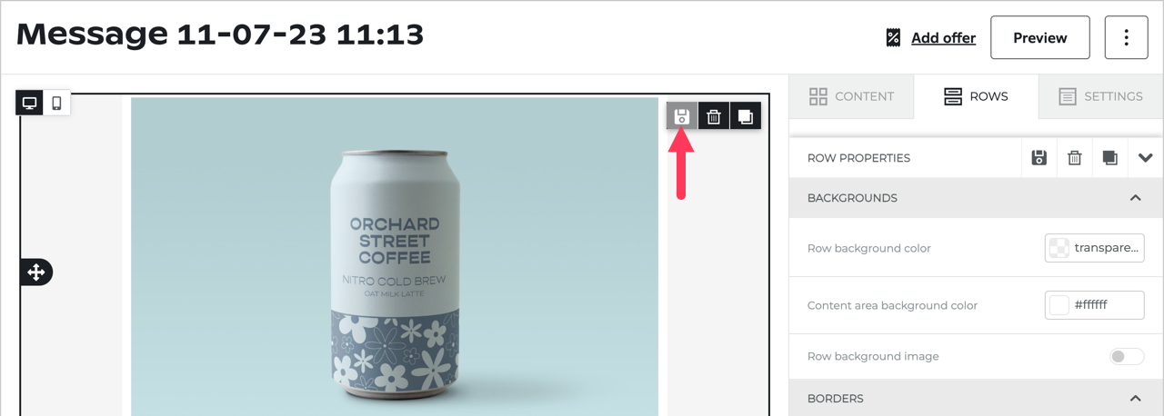 The save icon in a header row that allows you to save as either a standard or synced saved row.