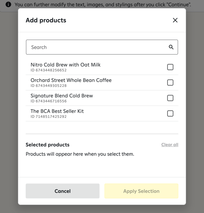 The Add Products popup window, where you can select which products you want to include in your email.
