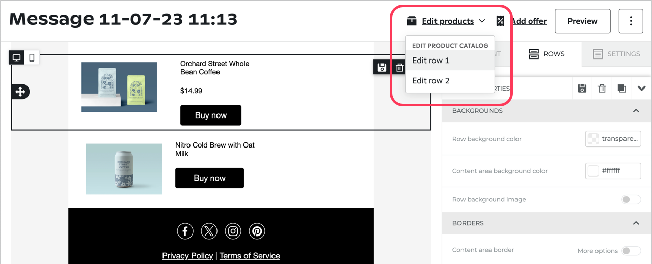 The Edit Products dropdown at the top of the email editor