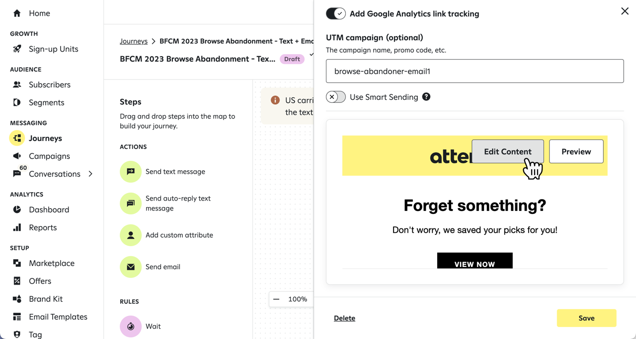 Clicking Edit Content for a journey message.