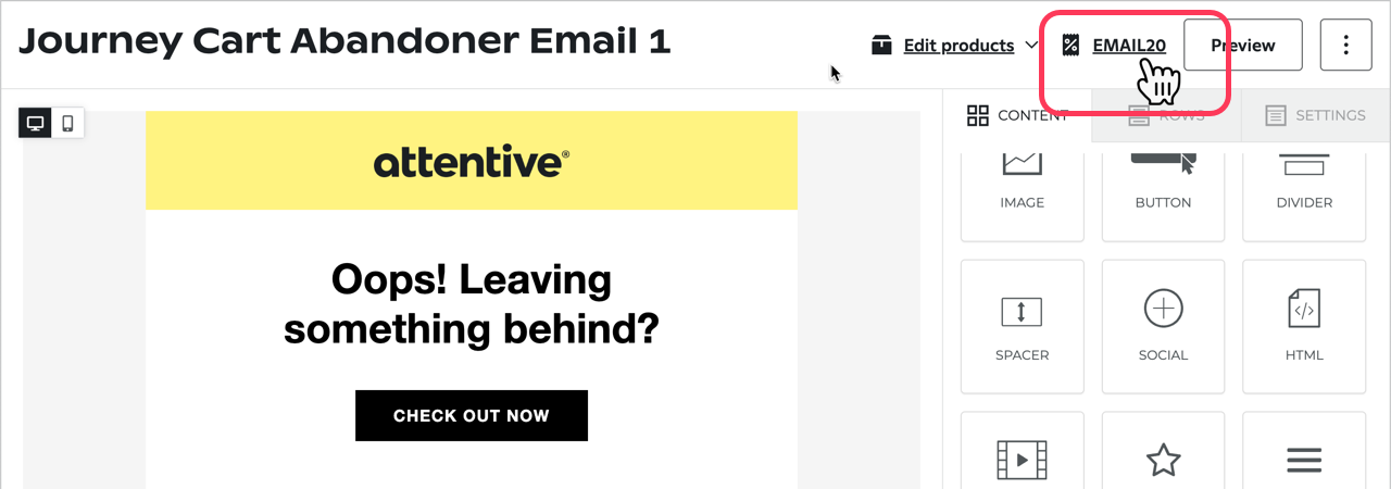 The 'EMAIL20' offer in the upper right corner of the email editor.