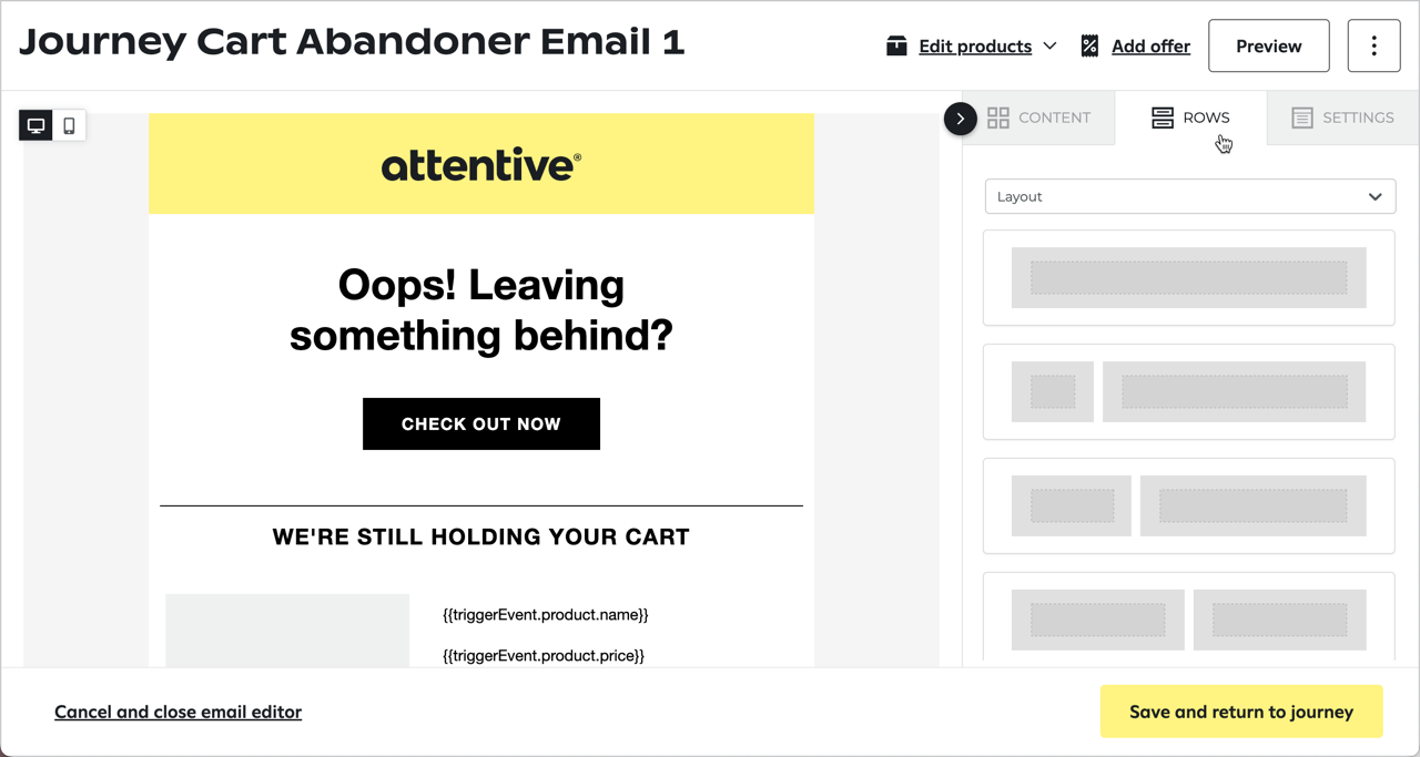 The ROWS tab in the right-side panel in the email editor.
