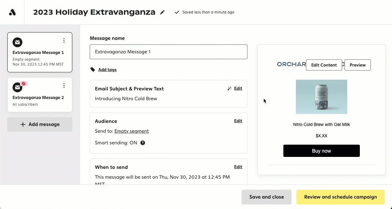Animation of user opening a campaign email message in the drag-and-drop editor and switching to the HTML editor.