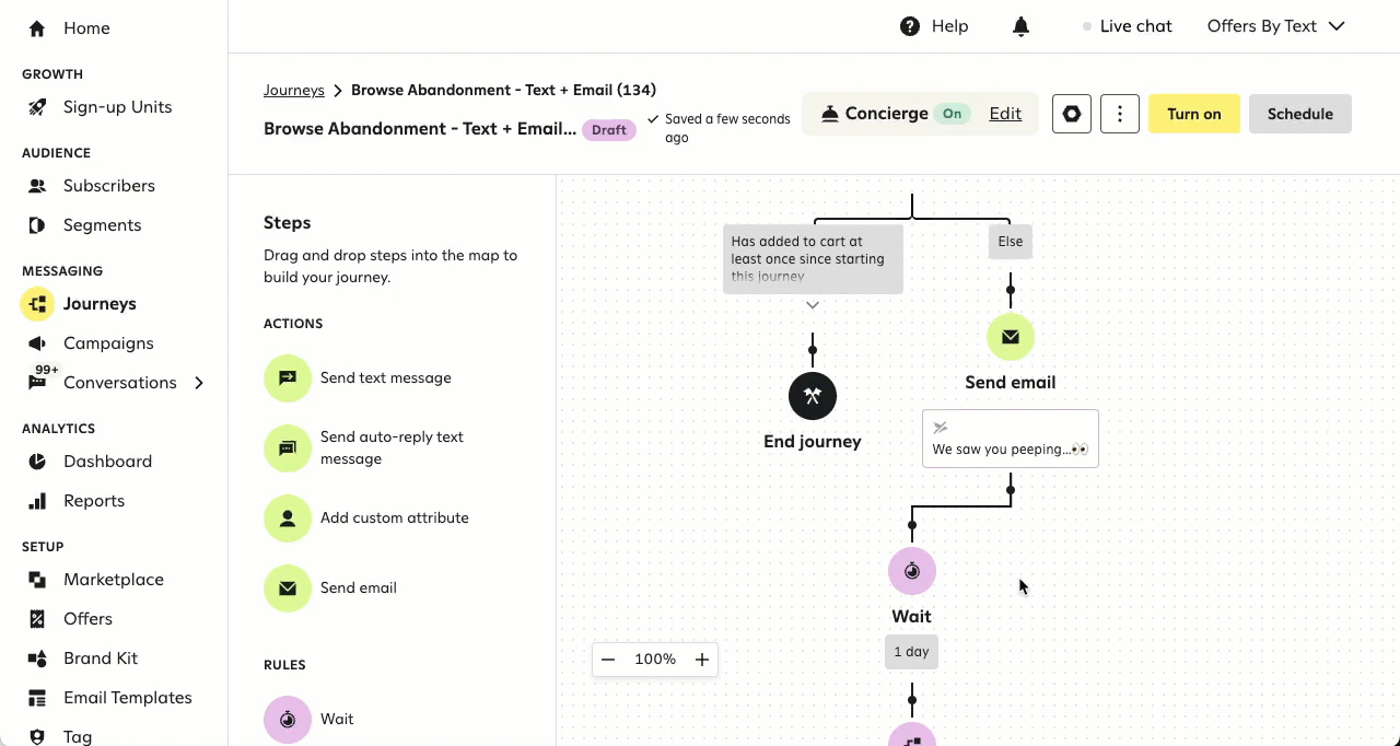 Animation of a user opening a journey email message in the drag-and-drop editor and switching to the HTML editor.