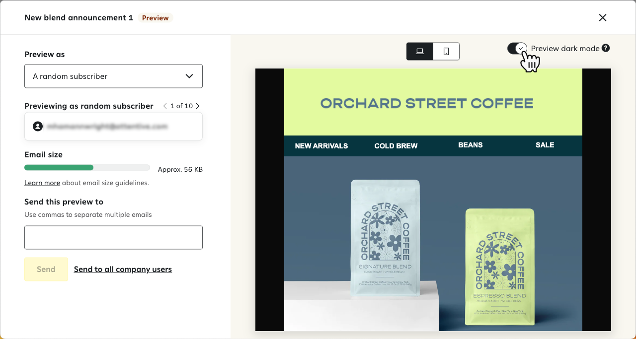 Clicking the Dark mode toggle on the email preview page.
