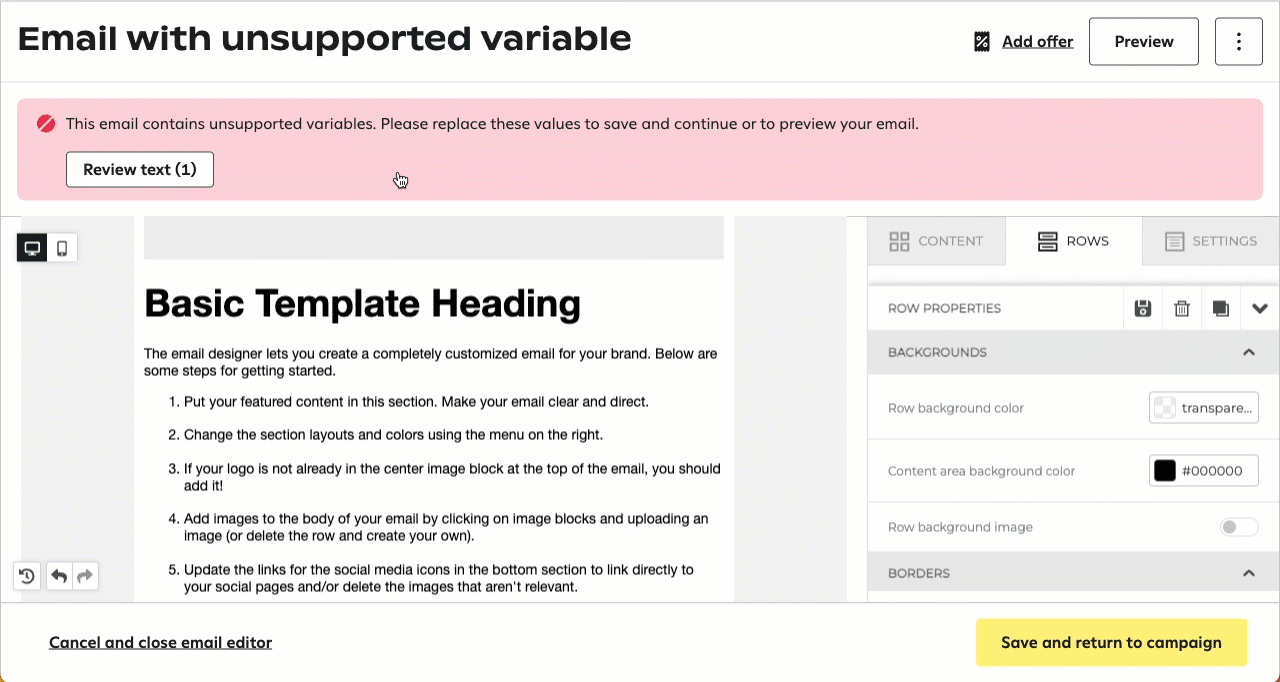 Animation of a user clicking the review text button, selecting a replacement variable, and saving.