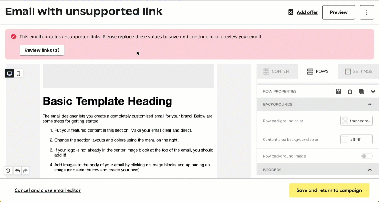 Animation of a user clicking the review links button, entering a new URL, and saving.
