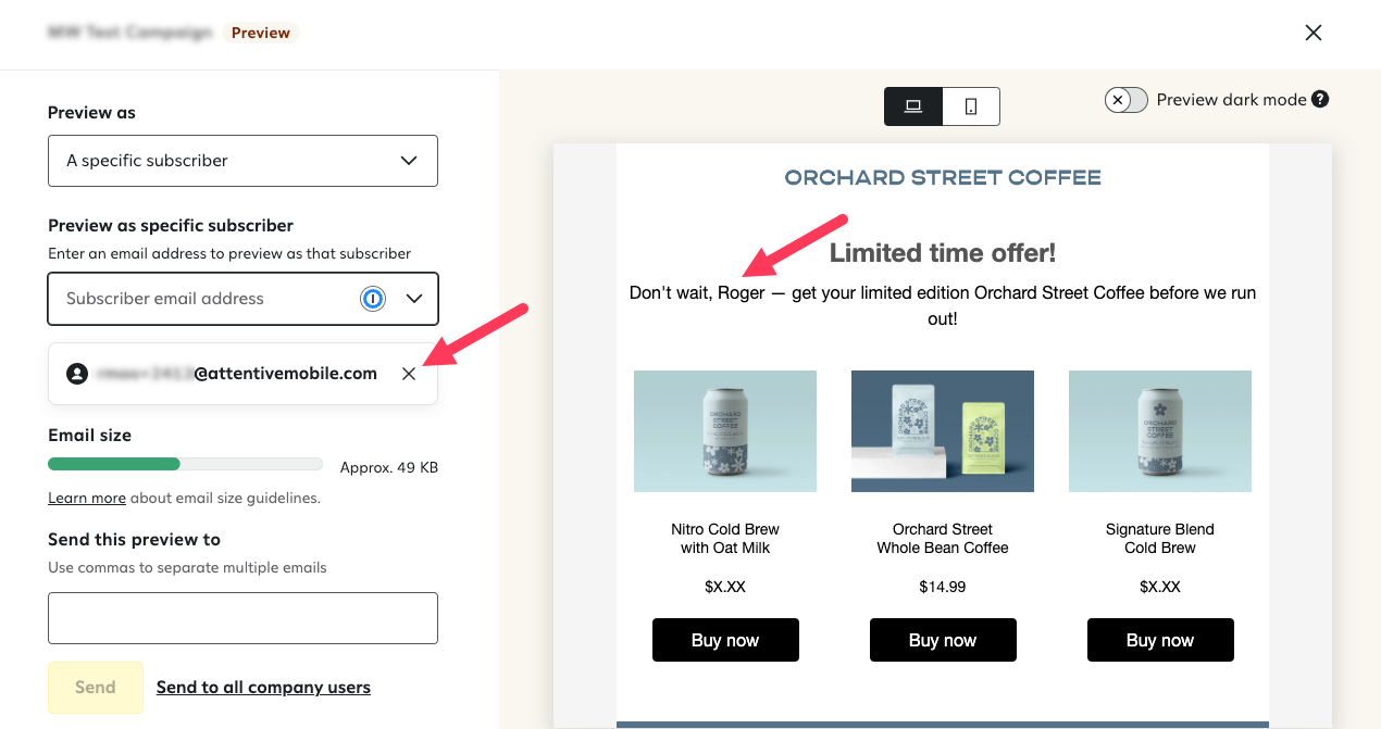 Previewing as a specific subscriber on the email preview page with the preview showing the selected subscriber’s first name where the 'subscriber.firstName' variable appears in the body of the email.